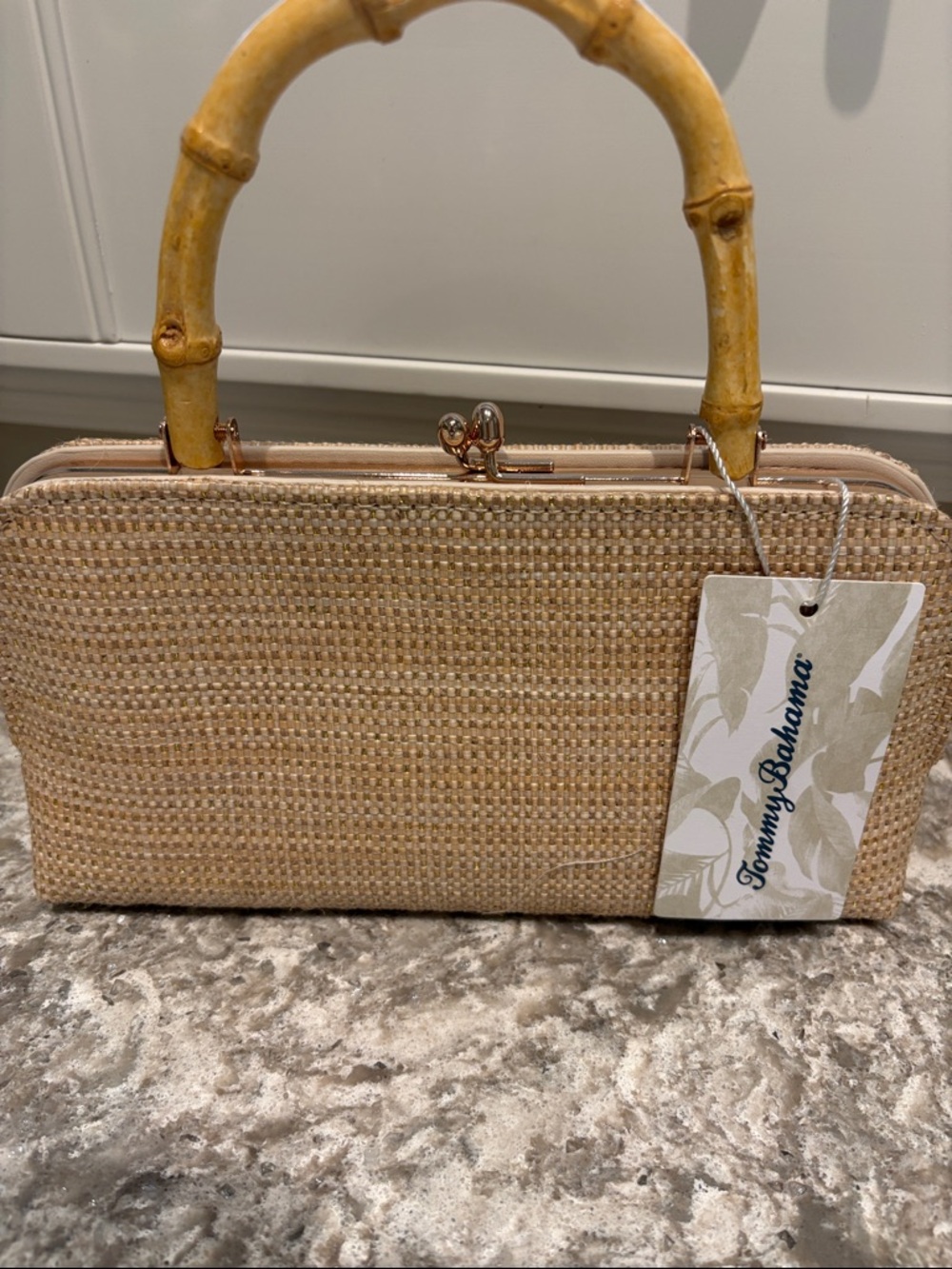 NWT Tommy Bahama Beige Woven Clutch with Bamboo Handle and gold crossbody chain